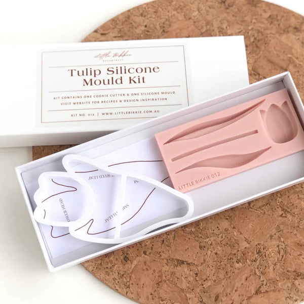 Tulip silicone mould kit with packaging on a cork surface