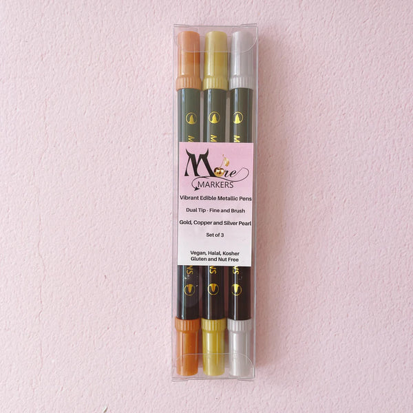 More Metallic Edible Markers 3pk - Gold, Copper and Silver Pearl  (Moreish Cakes)