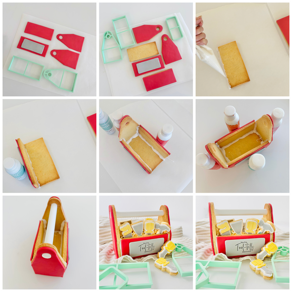 Step-by-step process of creating a cookie set with tools and items on a white background